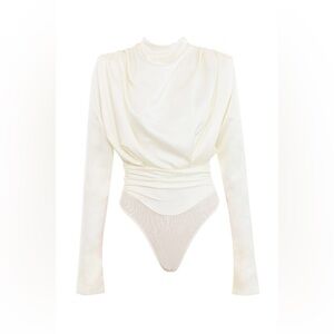 House of CB Cream Draped Long-Sleeve Bodysuit